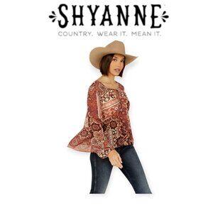 Shyanne Peasant Boho Top Rust Semi-Sheer Chiffon Size M